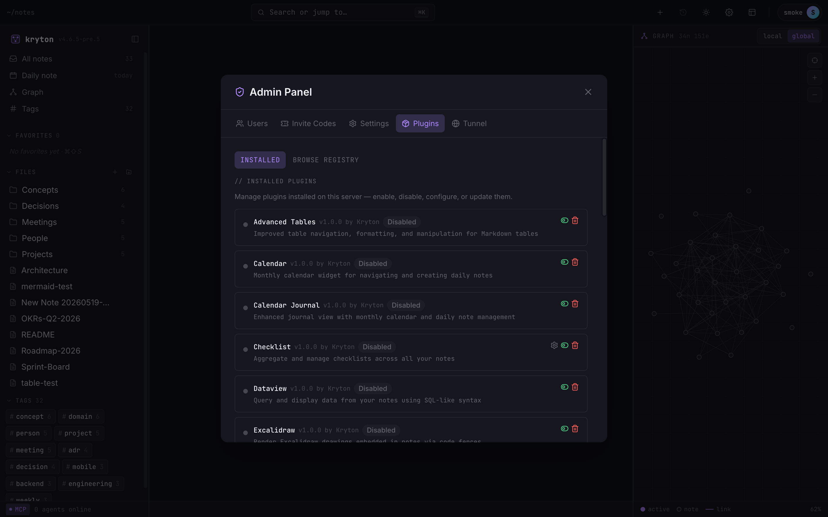 Admin Panel Plugins tab showing the list of installed plugins