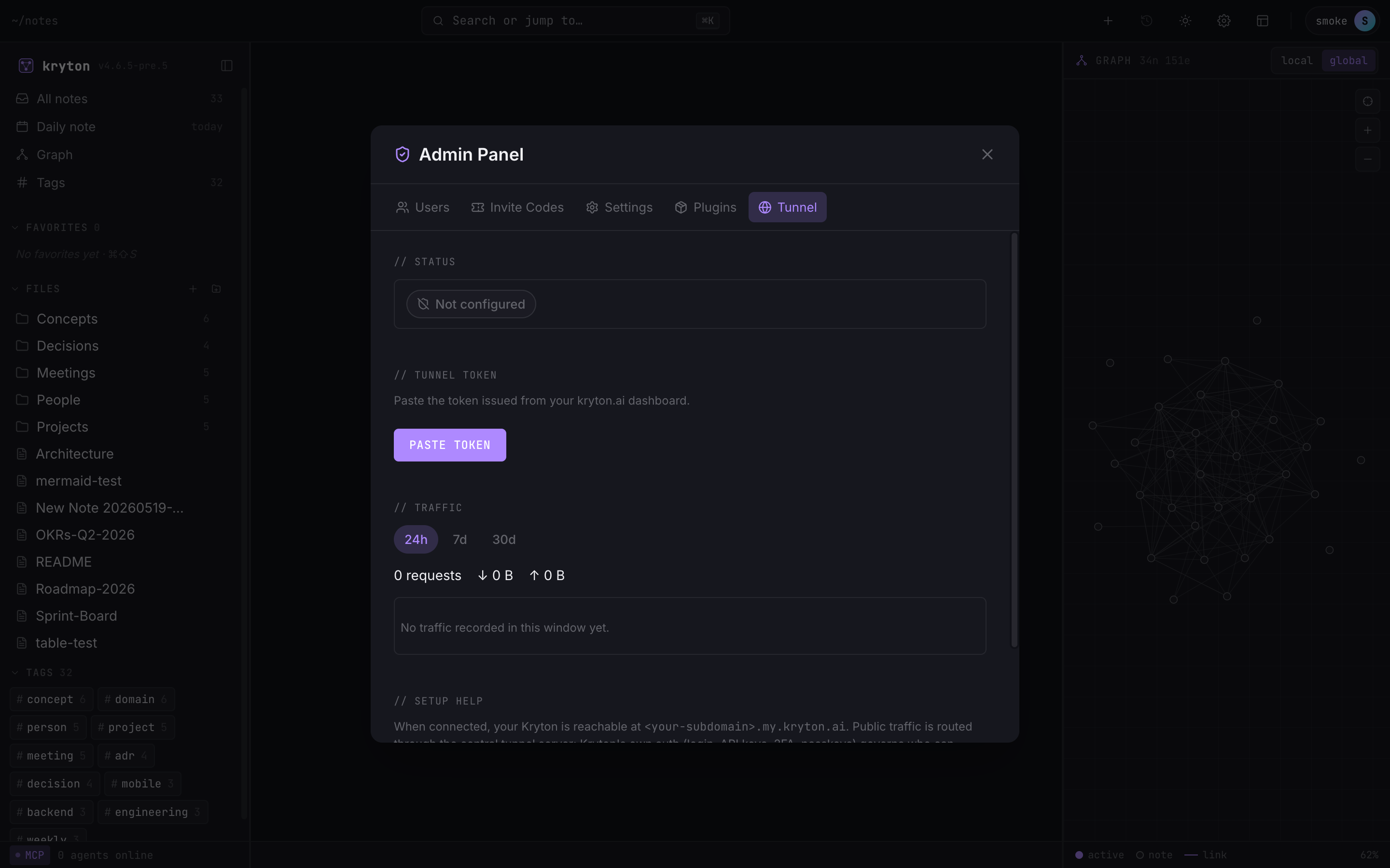 Admin Panel Tunnel tab showing the token paste area and status block