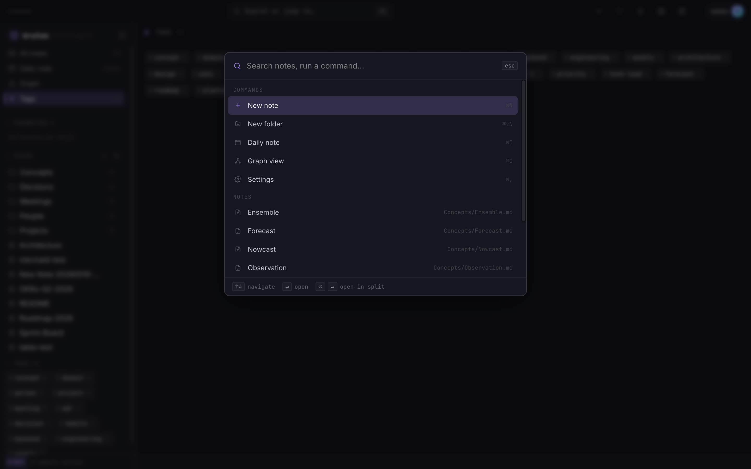 Command palette open with search box, commands list, and notes list