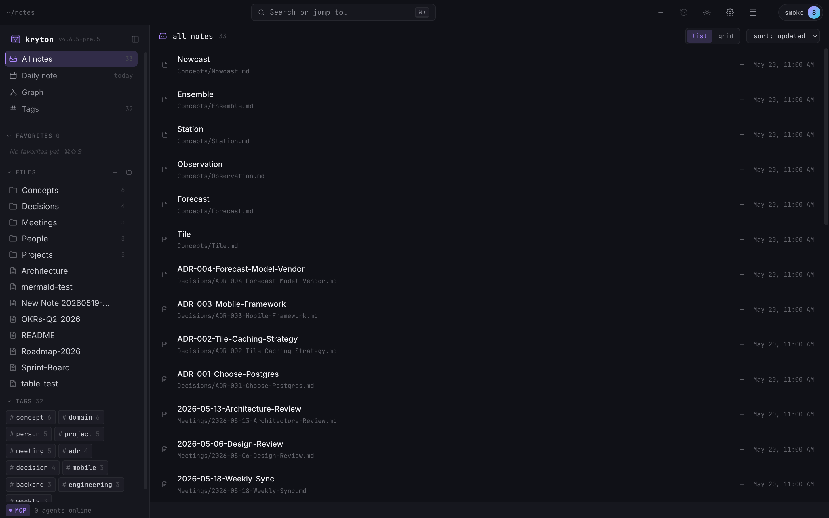 Kryton dashboard with sidebar tree and command palette button highlighted