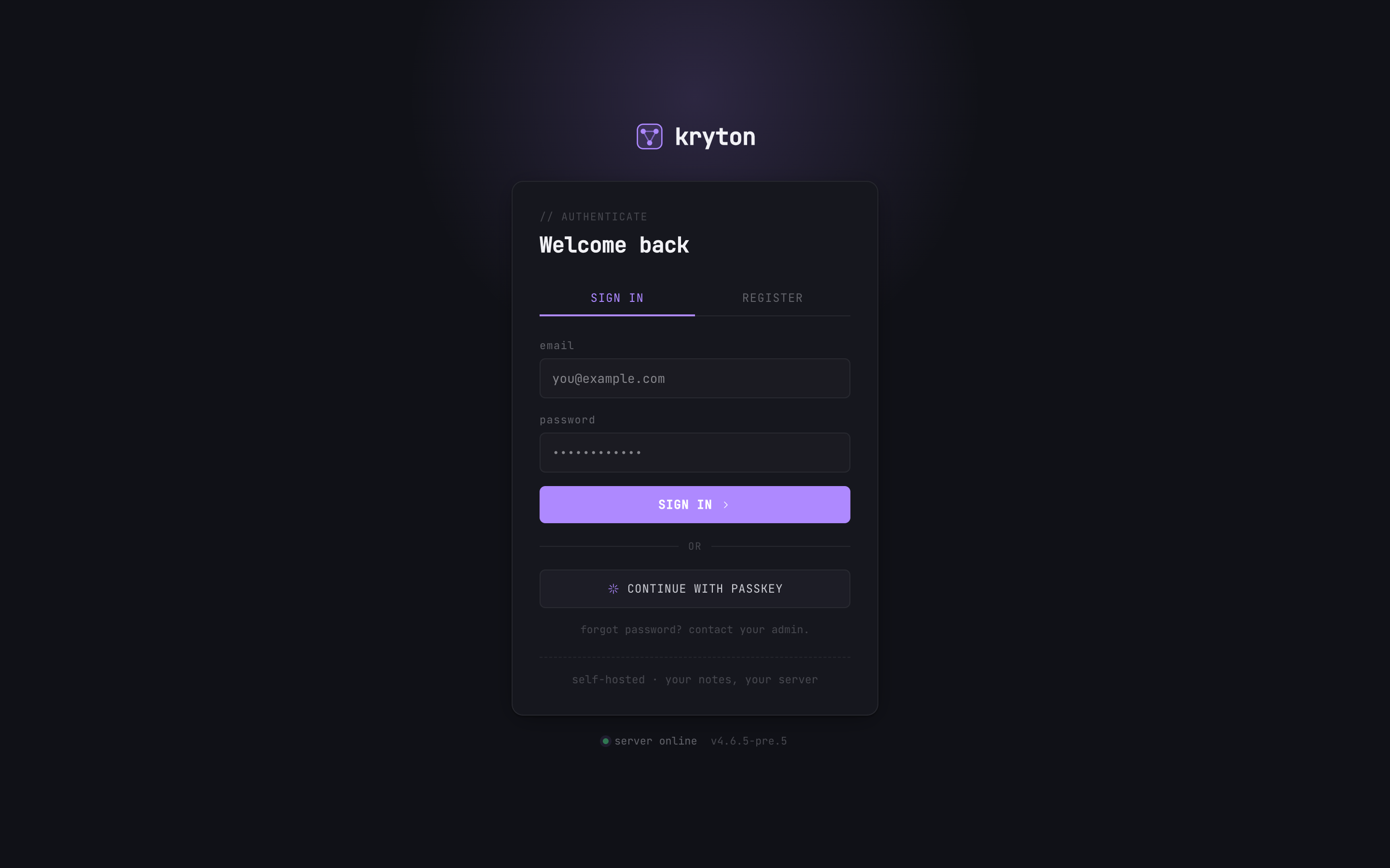 Kryton login screen