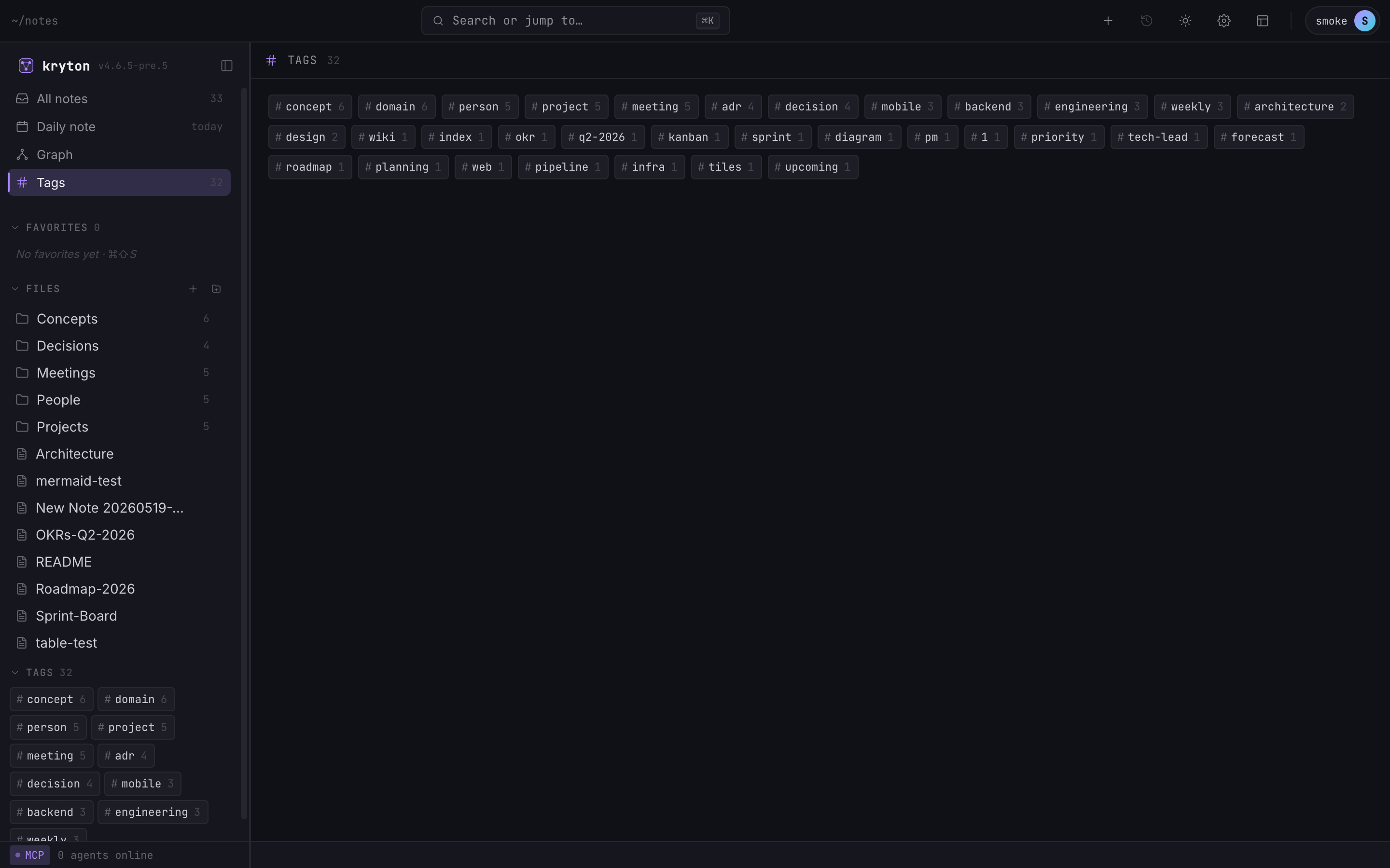 Tags view listing every tag in the vault with its count