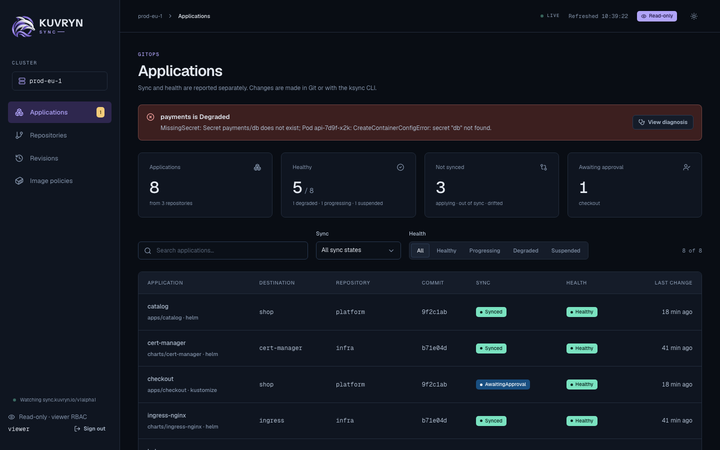 The Applications page with a Degraded Application