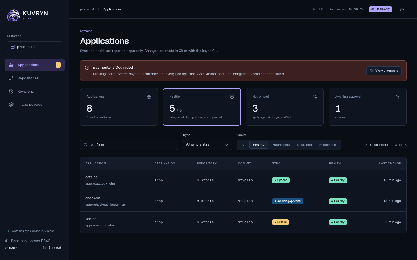 Applications filtered to Healthy ones in the platform repository